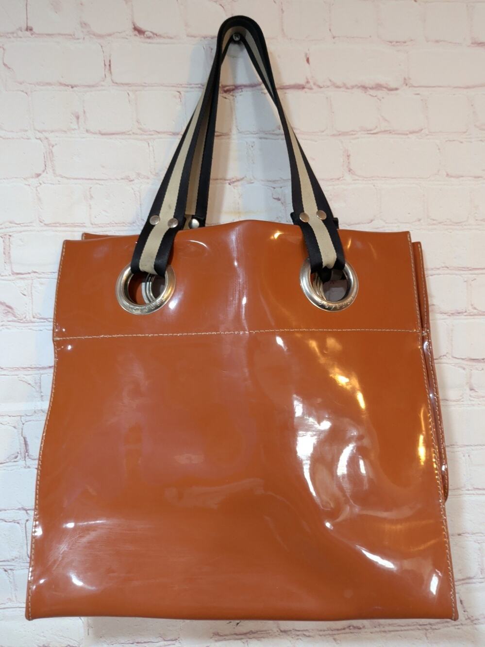 VTG Joyeuse Made France Burnt Orange Brown Patent Grommet Tote Bag Modele Depose